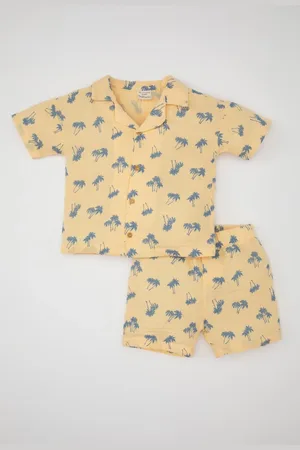 DeFacto Baby Boy Palm Tree Patterned Muslin Short Sleeve Shirt Shorts 2-Piece Set