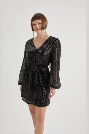 DeFacto Heart Collar Sequined Fabric Long Sleeve Mini Dress