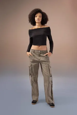 DeFacto Gabardine Trousers Straight Fit Cargo Pocket High Waist Standard Length
