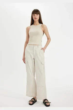 DeFacto Gabardine Trousers Wide Leg Wide Leg Cargo Pocket Regular Waist Plain Basic Standard Length