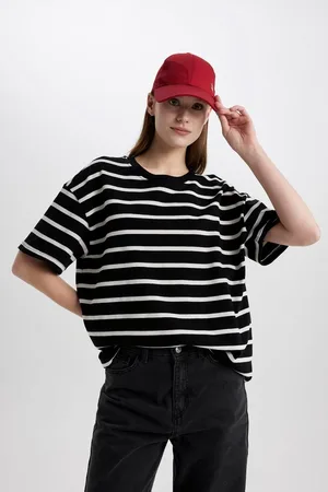 DeFacto Oversize Fit Wide Mold Crew Neck Striped Combed Cotton Short Sleeve T-Shirt