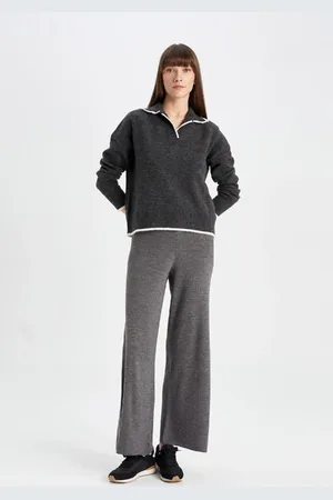 DeFacto Knitted Trousers Flare Fit Wide Leg Basic Straight Elastic Waist
