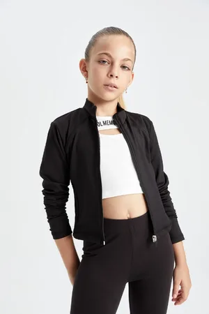 DeFacto Girl Basic Plain Zipper Pocket Stand Collar Black Cardigan