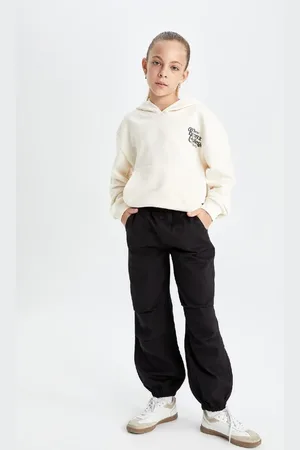 DeFacto Girls Cotton Black Parachute Trousers with Elastic Waist and Leg Pockets