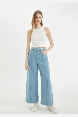DeFacto Short Wide Leg High Waist Ankle Length Jean Washed Trousers