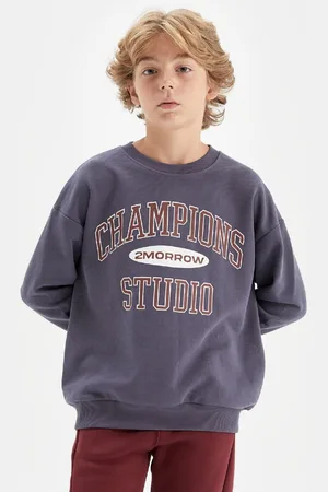 DeFacto Boy Indigo Oversize Fit Wide Pattern Crew Neck Text Printed School Sweatshirt