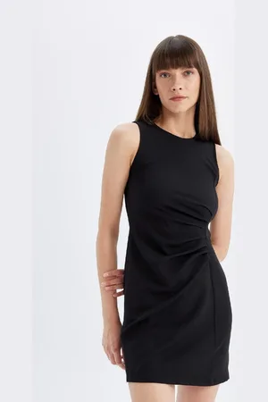 DeFacto Bodycon Fitted Crew Neck Draped Basic Plain Sleeveless Mini Black Dress
