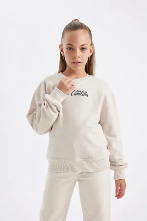 DeFacto Girls Ecru Crew Neck Text Printed School Sweatshirt