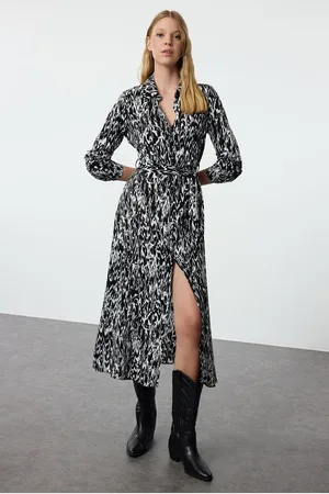 Trendyol Multicolored Patterned Belted Viscose Midi Woven Shirt Dress