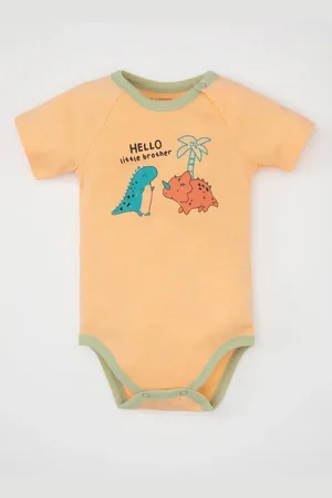 DeFacto Baby Boy Newborn Crew Neck Dinosaur Printed Combed Cotton Short Sleeve Snap-On Body