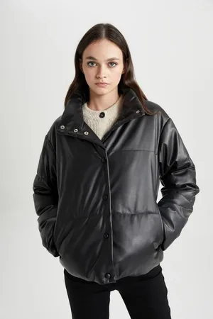 DeFacto Water Repellent Oversize Wide Cut Thermal Insulated Windproof Faux Leather Jacket
