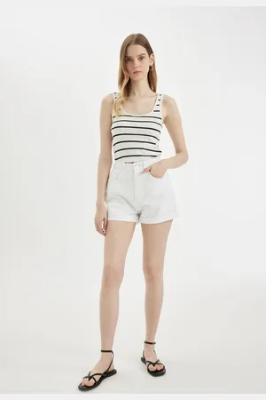DeFacto Mom Fit High Waist Turned Leg White Jean Shorts