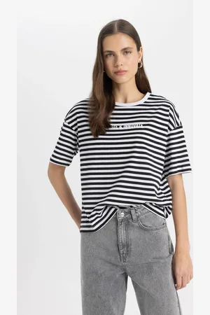 DeFacto Relax Fit Striped Crew Neck Printed Short Sleeve T-Shirt