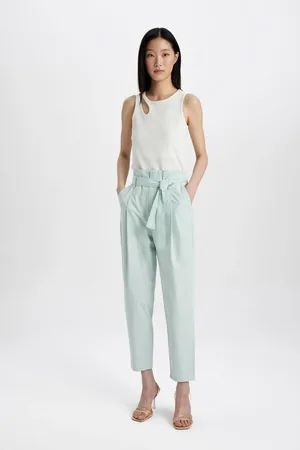 DeFacto Gabardine Trousers Paperbag Pocket High Waist Short Leg Ankle Length