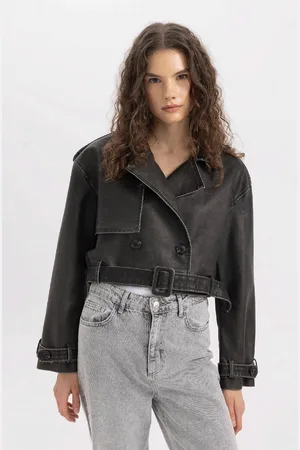 DeFacto Water Repellent Regular Fit Belted Distressed Leather Faux Short Jacket