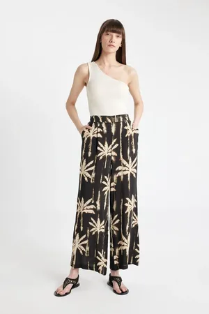 DeFacto Moroccan Trousers Culotte Patterned Elastic Waist Wide Leg Long Length