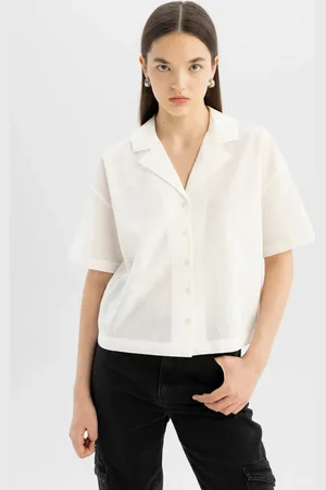 DeFacto Cool Oversize Fit Pajama Collar Flared Cotton Short Sleeve Shirt