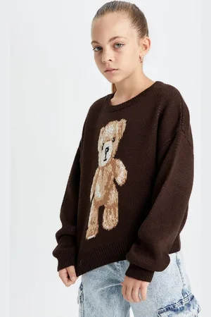 DeFacto Girl Oversize Wide Pattern Crew Neck Teddy Bear Patterned Knitwear Sweater
