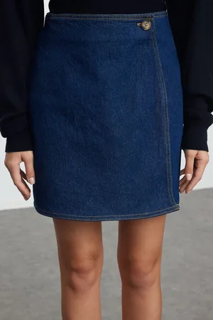 Trendyol Dark Blue Side Button Closure Wrap High Waist Mini Denim Skirt