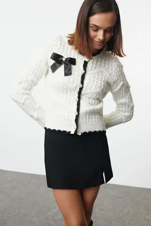 Trendyol Ecru Ribbon/Bow Detailed Beaded Knitted Cardigan