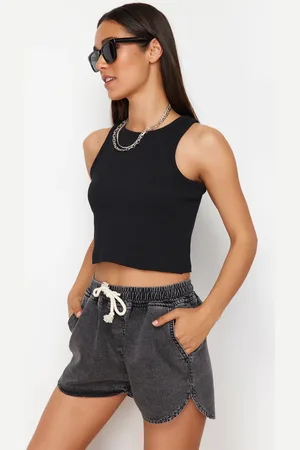 Trendyol Black Elastic Waist High Waist Denim Shorts