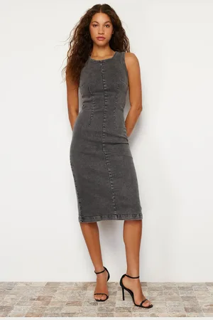 Trendyol Anthracite Fitted/Fits Body Maxi Denim Dress