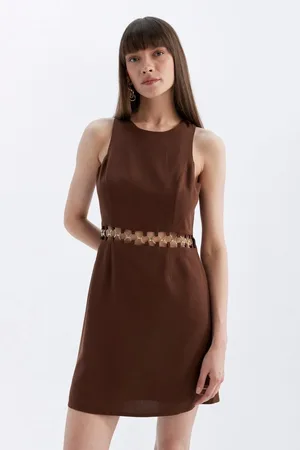 DeFacto A-Line Round Neck Linen Blend Sleeveless Midi Dress