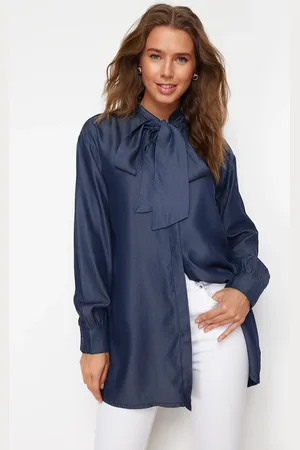 Trendyol Blue Denim Modest Oversize Shirt with Tie Detail