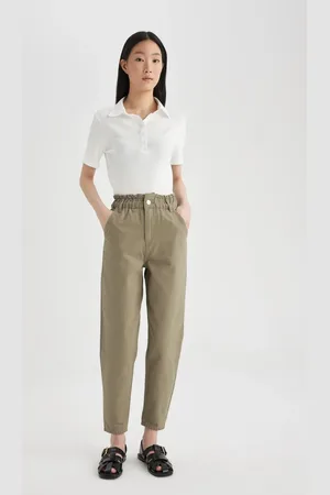 DeFacto Paperbag Gabardine Trousers High Waist Pocket Basic Straight Standard Leg