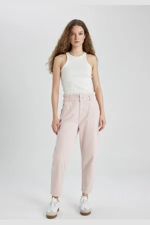 DeFacto Paperbag High Waist Relaxed Fit Lightweight Straight Leg Ankle Length Jeans