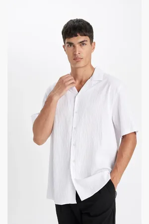 DeFacto White Relax Fit Relaxed Fit Polo Collar Crinkle Short Sleeve Shirt