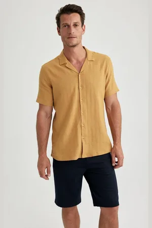 DeFacto Modern Fit Polo Neck Linen Blend Short Sleeve Shirt