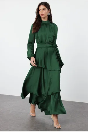 Trendyol Dark Green Skirt Tiered Satin Woven Evening Dress/Evening Dress