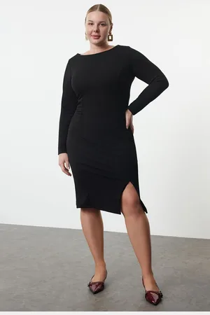 Trendyol Curve Black Square Neck Crepe Knit Plus Size Dress