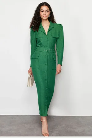Trendyol Khaki Belted Linen Look Woven Shirt Dress