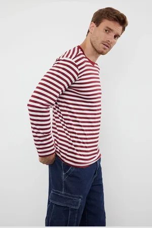 Trendyol Claret Red Oversize/Wide Cut Striped Crew Neck Long Sleeve Cotton T-Shirt
