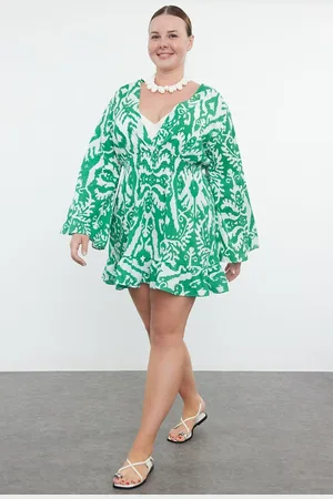 Trendyol Curve Green Ethnic Patterned Spanish Sleeve Skater Mini Woven Beach Dress
