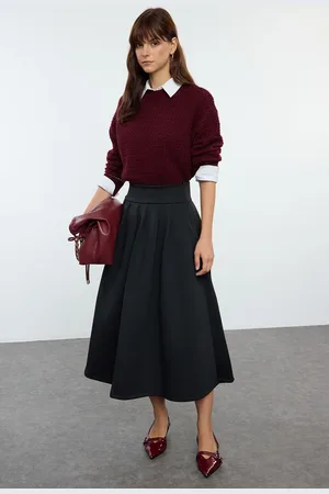 Trendyol Black High Waist Flared Pleat Detailed Midi Skirt