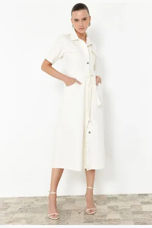 Trendyol Ecru Belted Maxi Denim Dress