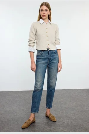 Trendyol Dark Blue Faded Effect Vintage High Waist Slim Mom Jeans