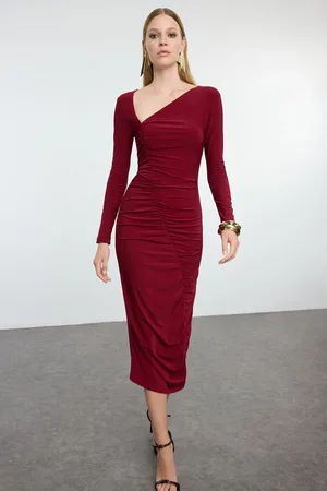 Trendyol Burgundy Fitted Asymmetrical Collar Knitted Chic Evening Dress