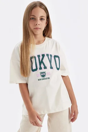 DeFacto Girls Oversize Wide Pattern Crew Neck Text Printed Short Sleeve School T-Shirt