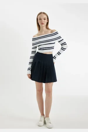 DeFacto Coool Pleated High Waist Basic Plain Hidden Zipper Navy Blue Mini Skirt