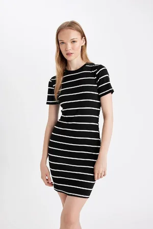 DeFacto Coool Bodycon Crew Neck Striped Ribbed Camisole Short Sleeve Mini Dress