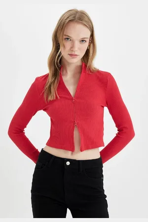 DeFacto Fitted Stand Collar Basic Plain Zippered Ribbed Camisole Crop Red Cardigan