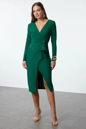Trendyol Emerald Green Accessory Detail Woven Chic Midi Evening Dress