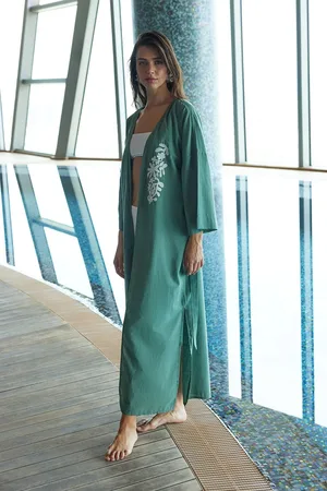 Trendyol Khaki Belted Maxi Woven Embroidered Kimono & Kaftan