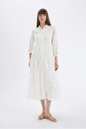 DeFacto Shirt Collar Voile Embroidery Half Sleeve Maxi White Dress