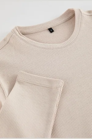 Trendyol Stone Regular/Normal Cut Long Sleeve Basic Textured 100% Cotton T-Shirt
