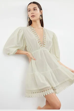 Trendyol Ecru Mini Woven Lace Detailed 100% Cotton Beach Dress